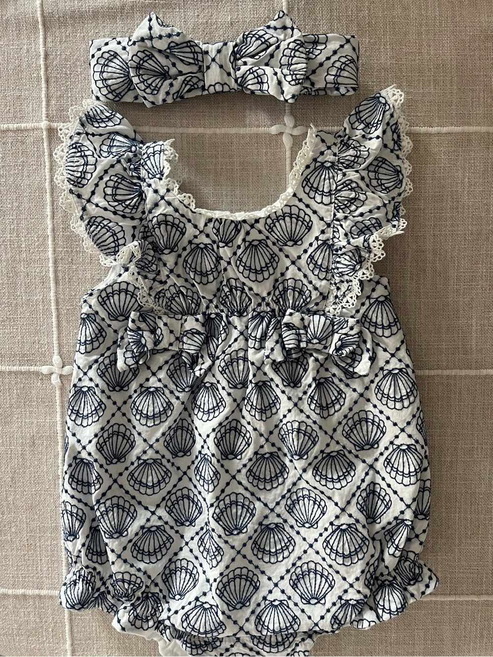 Rachel Zoe White Dress with Navy Blue Floral Embroidery with matching headband